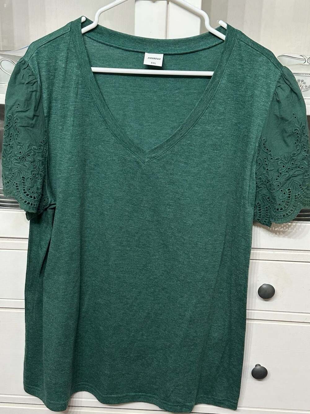 XIEERDUO Women's V-Neck Short Sleeve T-Shirt with Lace Embroidery Sleeves Dark G
